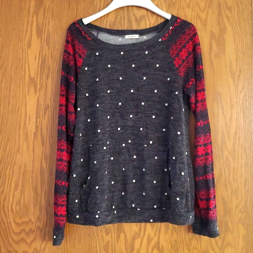 Womens 12 PM by Mon Ami red plaid and polkadot gray sweater top size medium